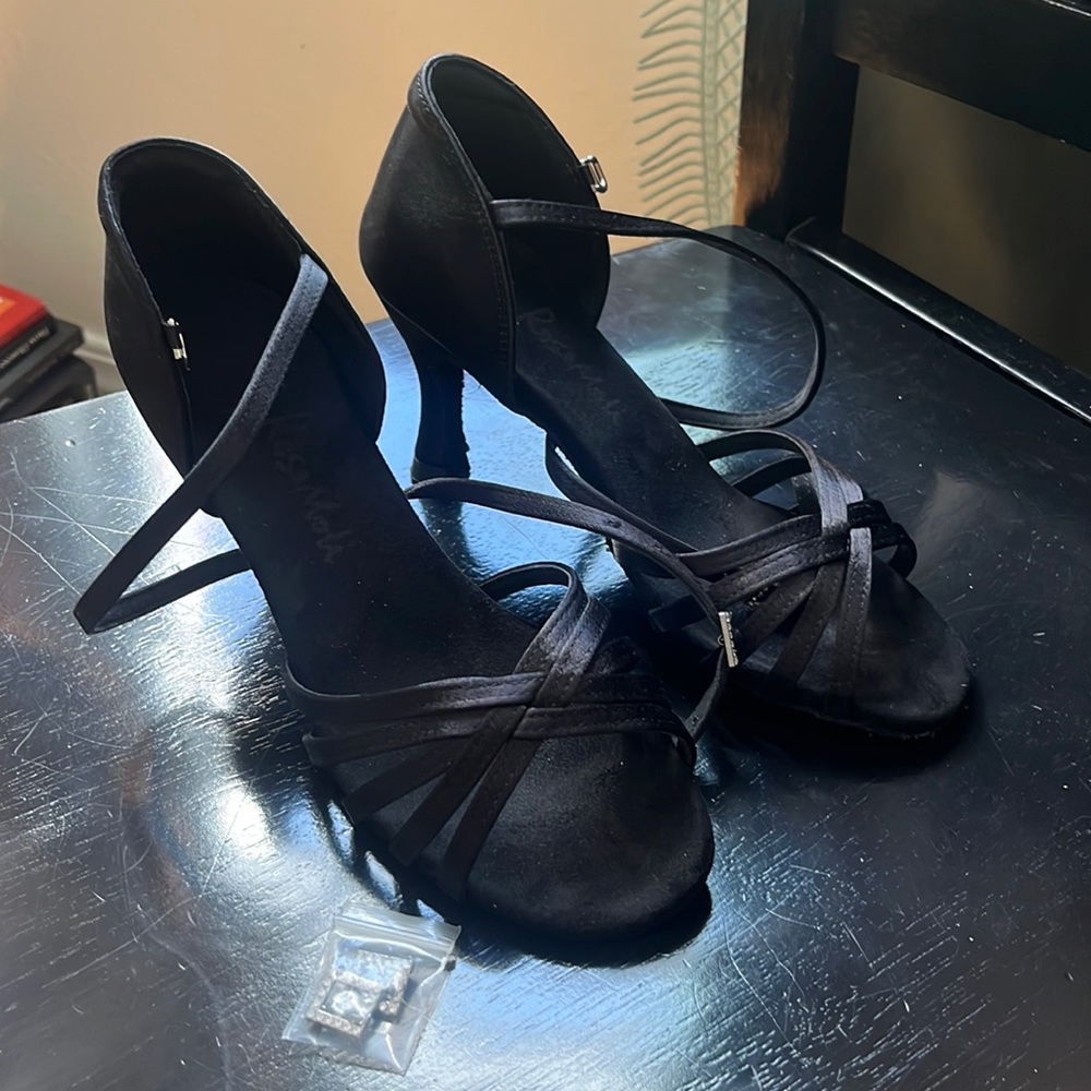 Black satin tango Latin dance shoes, size 7, barely worn